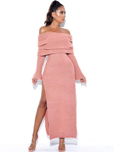 Pink Off Shoulder Long Sweater Dress